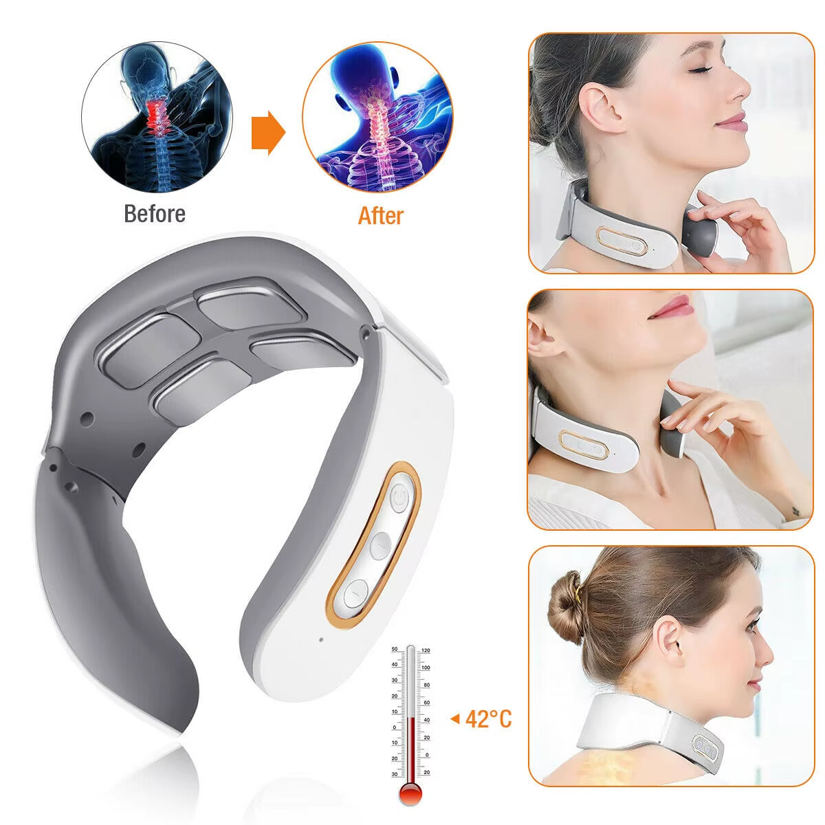 Masajeador Eléctrico para Cuello y Hombros con Pulso TENS, Amasado de 4 Cabezas, Pulso Magnético, Calor y Alivio del Dolor para la Vértebra Cervical.