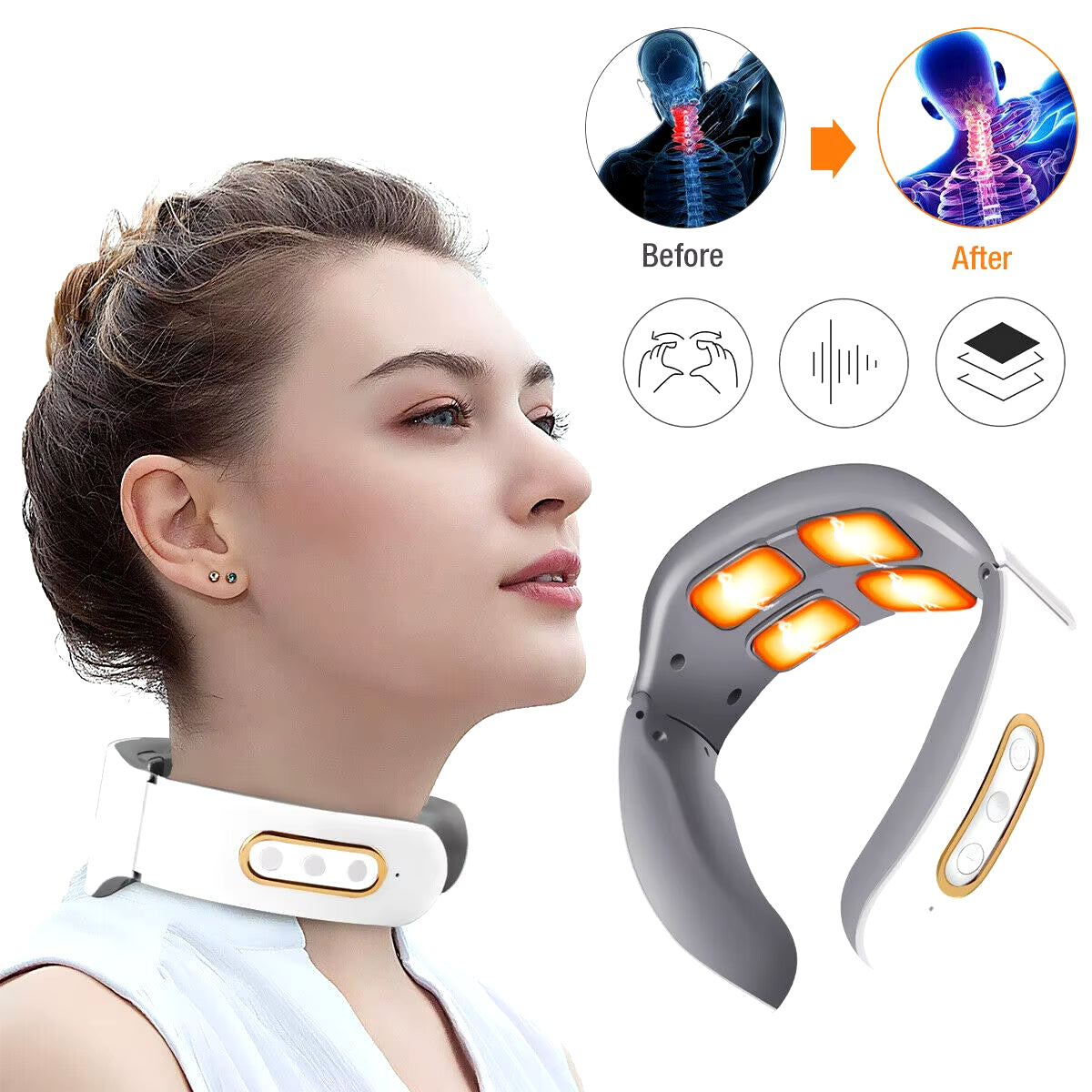 Masajeador Eléctrico para Cuello y Hombros con Pulso TENS, Amasado de 4 Cabezas, Pulso Magnético, Calor y Alivio del Dolor para la Vértebra Cervical.