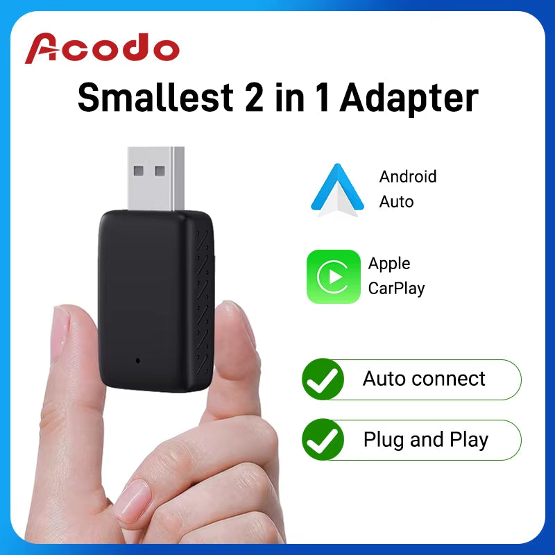 Acodo 2In1 Mini Adapter Carplay&Android Auto Wireless to Wired 5.8Ghz Wifi Plug and Play for 99% Original Car with Wired Carplay